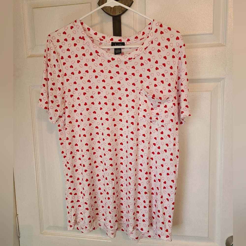 Justify Woman's Short Sleeve T-Shirt,  Size: Large Color: White/Red hearts